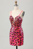 Fuchsia Bodycon Spaghetti Straps Sequin Homecoming Dress with Slit
