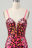 Fuchsia Bodycon Spaghetti Straps Sequin Homecoming Dress with Slit