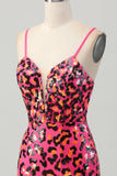 Fuchsia Bodycon Spaghetti Straps Sequin Homecoming Dress with Slit