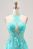 Halter Appliqued Tulle A Line Green Homecoming Dress with Sequins