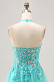 Halter Appliqued Tulle A Line Green Homecoming Dress with Sequins