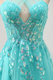 Halter Appliqued Tulle A Line Green Homecoming Dress with Sequins