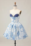White Blue Flower Printed A-Line Strapless Homecoming Dress with Beading
