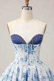 White Blue Flower Printed A-Line Strapless Homecoming Dress with Beading