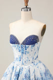 White Blue Flower Printed A-Line Strapless Homecoming Dress with Beading