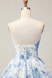 White Blue Flower Printed A-Line Strapless Homecoming Dress with Beading