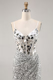 Silver Sequin Corset Homecoming Dress with Mirrors