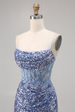 Sparkly Grey Blue Corset Homecoming Dress with Slit