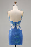 Floral Blue Sequin Tight Homecoming Dress with Slit