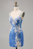 Floral Blue Sequin Tight Homecoming Dress with Slit