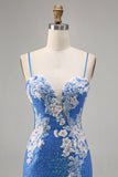 Floral Blue Sequin Tight Homecoming Dress with Slit