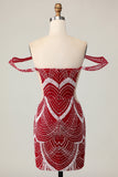 Off The Shoulder Sequin Tight Red Homecoming Dress