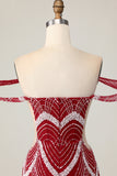 Off The Shoulder Sequin Tight Red Homecoming Dress