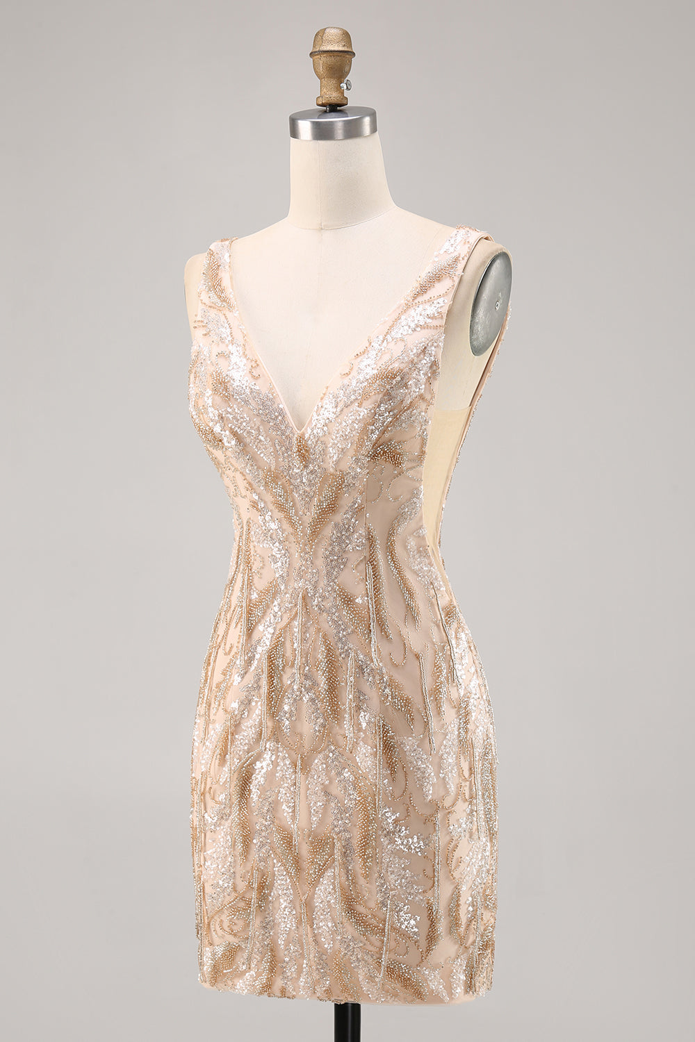 Berylove Women Champagne Homecoming Dress with Sequins Backless V-Neck Tight Cocktail Dress, Champagne / US6 Berylove Women Champagne Homecoming Dress with Sequins Backless V-Neck Tight Cocktail Dress, Champagne / US6