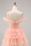 Cute Cold Shoulder Tiered Blush Homecoming Dress with 3D Flowers