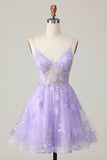 Purple Spaghetti Straps A-Line Homecoming Dress with Appliques