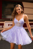 Purple Spaghetti Straps A-Line Homecoming Dress with Appliques