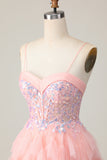 Cute Tiered Pink Homecoming Dress with Appliques