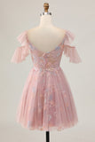 Floral Blush Cold Shoulder A-Line Homecoming Dress with Appliques