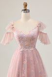 Floral Blush Cold Shoulder A-Line Homecoming Dress with Appliques