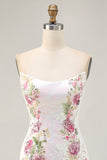 Sparkly Bodycon Strapless White Flower Homecoming Dress
