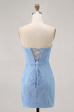 Blue Bodycon Strapless Beaded Homecoming Dress