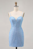 Blue Bodycon Strapless Beaded Homecoming Dress