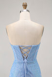 Blue Bodycon Strapless Beaded Homecoming Dress