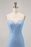 Blue Bodycon Strapless Beaded Homecoming Dress
