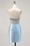 Blue Satin Tight Corset Strapless Homecoming Dress with Rhinestones