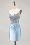 Blue Satin Tight Corset Strapless Homecoming Dress with Rhinestones