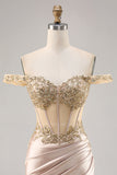 Off the Shoulder Corset Bodycon Champagne Homecoming Dress with Sequins