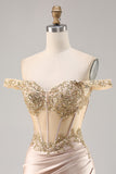 Off the Shoulder Corset Bodycon Champagne Homecoming Dress with Sequins