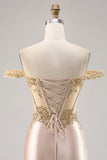 Off the Shoulder Corset Bodycon Champagne Homecoming Dress with Sequins
