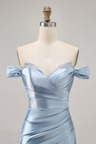 Grey Blue Satin Ruched Bodycon Off The Shoulder Homecoming Dress with Slit