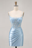 Blue Bodycon Satin Corset Homecoming Dress with Appliques