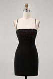 Black Spaghetti Straps Bodycon Homecoming Dress with Lace-up Back