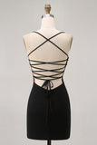 Black Spaghetti Straps Bodycon Homecoming Dress with Lace-up Back