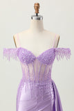 Cold Shoulder Bodycon Purple Homecoming Dress With Beading