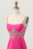 Fuchsia Beaded Satin Bodycon Homecoming Dress With Slit