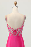Fuchsia Beaded Satin Bodycon Homecoming Dress With Slit