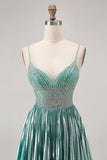 Metallic Satin Green A Line Homecoming Dress with Beading