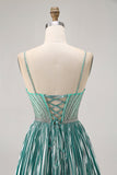 Metallic Satin Green A Line Homecoming Dress with Beading