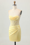 Strapless Corset Ruched Yellow Homecoming Dress With Slit
