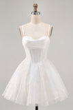 Glitter White A-Line Corset Homecoming Dress with Lace-up Back