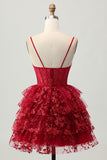 Dark Red Corset Tiered Ruffle A Line Homecoming Dress With Appliques