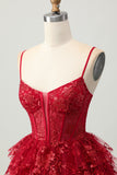 Dark Red Corset Tiered Ruffle A Line Homecoming Dress With Appliques