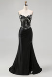 Black Beaded Strapless Corset Mermaid Prom Dress with Slit