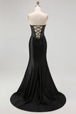 Black Beaded Strapless Corset Mermaid Prom Dress with Slit