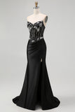 Black Beaded Strapless Corset Mermaid Prom Dress with Slit